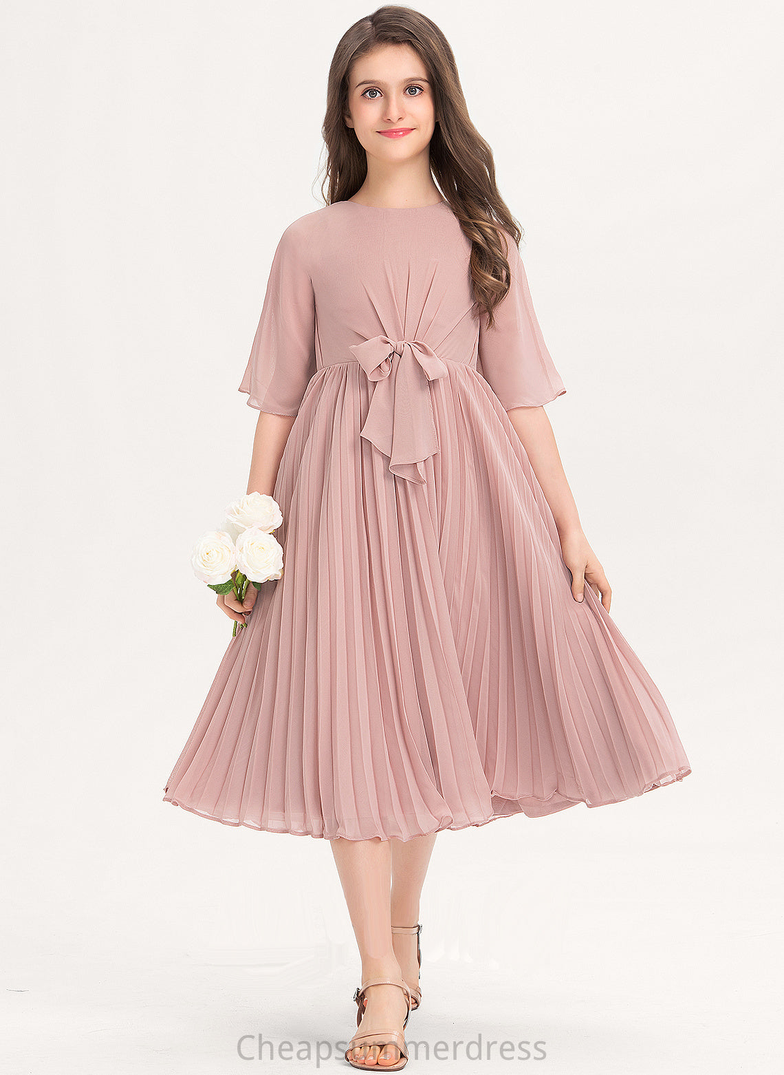 Neck Knee-Length Pleated Chiffon Bow(s) With A-Line Junior Bridesmaid Dresses Scoop Janessa