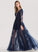 A-Line Alison Floor-Length Neck With Sequins Prom Dresses Tulle Beading Scoop