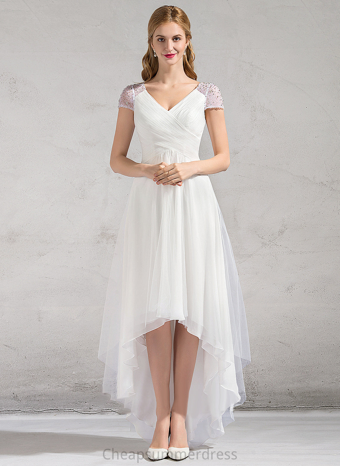 Sequins With V-neck Victoria Wedding Dresses Tulle A-Line Wedding Beading Ruffle Asymmetrical Dress