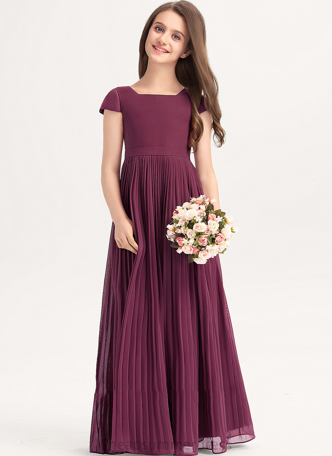 Chiffon Floor-Length Coral A-Line Neckline Bow(s) Lace Pleated Square Junior Bridesmaid Dresses With
