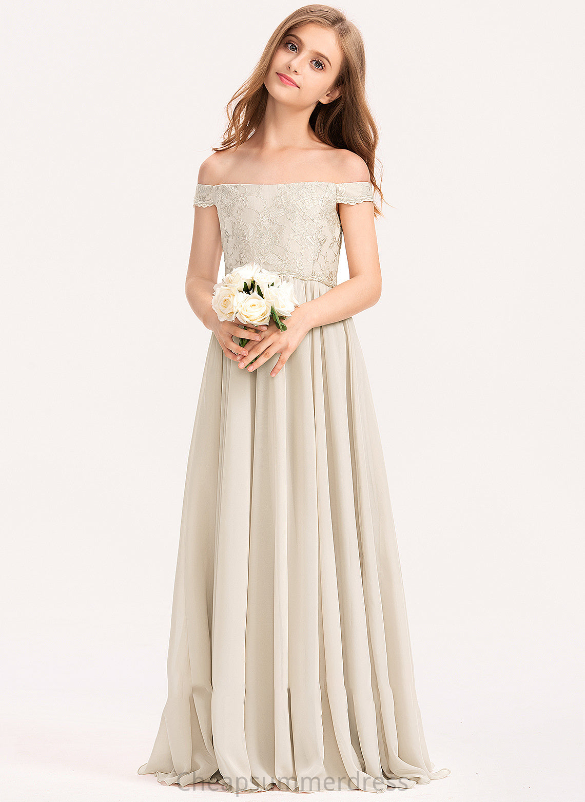 Chiffon Junior Bridesmaid Dresses Floor-Length Off-the-Shoulder A-Line Lace Alissa