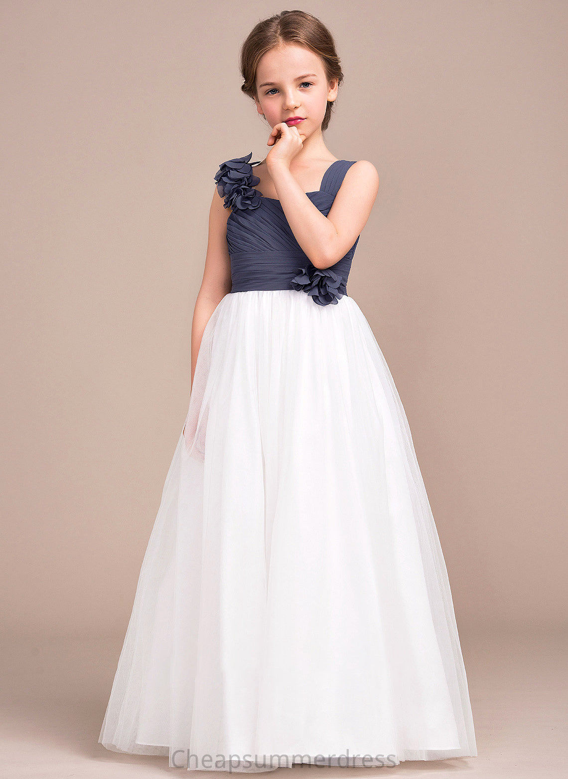 Flower(s) Junior Bridesmaid Dresses Sweetheart Floor-Length Mattie A-Line Tulle Ruffle With Chiffon