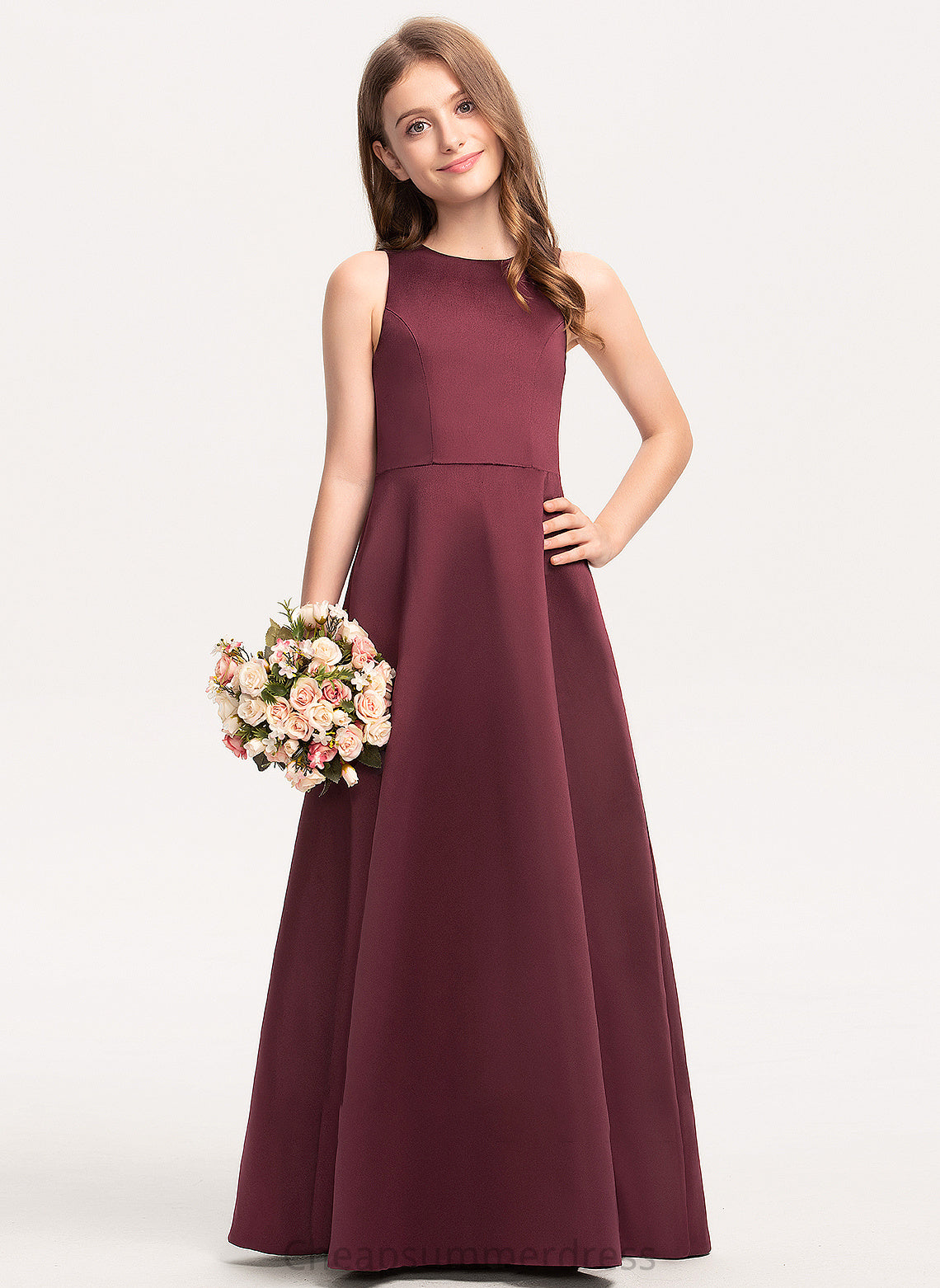 A-Line Neck Satin Madeline Scoop Junior Bridesmaid Dresses Floor-Length