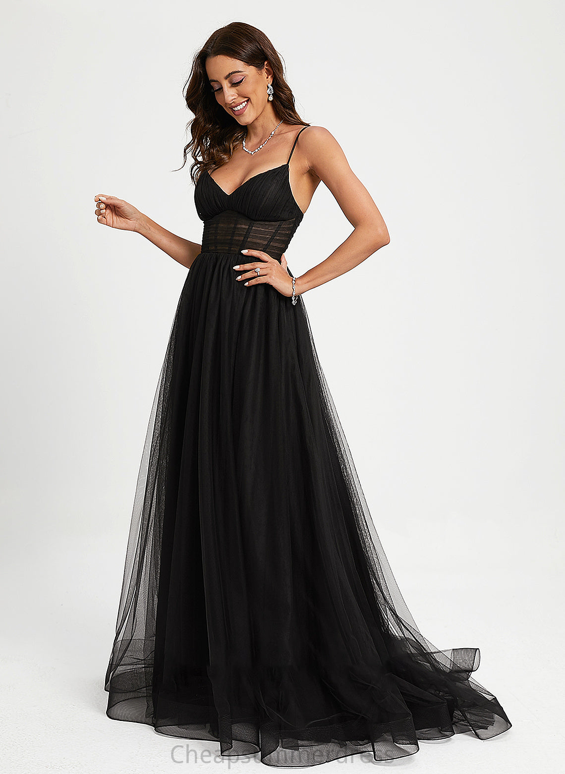 Pleated Prom Dresses Train V-neck Tulle Sweep Kamryn With Ball-Gown/Princess