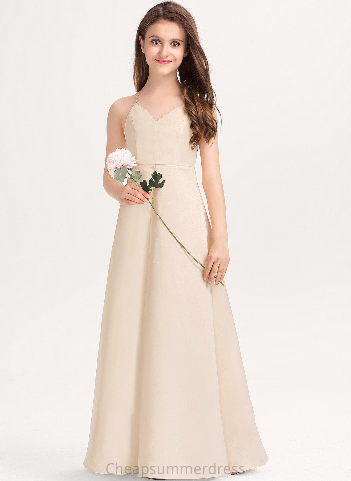 V-neck Pockets Taryn Floor-Length Satin A-Line With Junior Bridesmaid Dresses