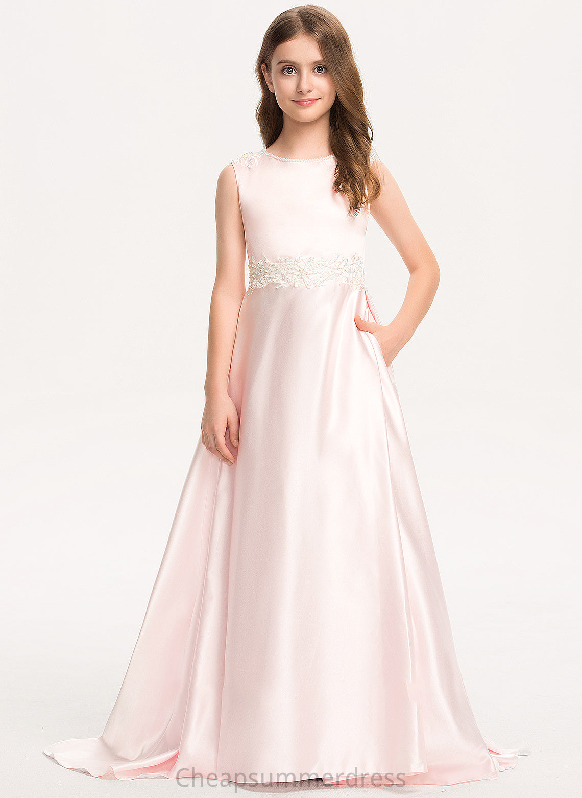 Lace Sweep Bow(s) With Lydia Junior Bridesmaid Dresses Neck Scoop A-Line Pockets Satin Train
