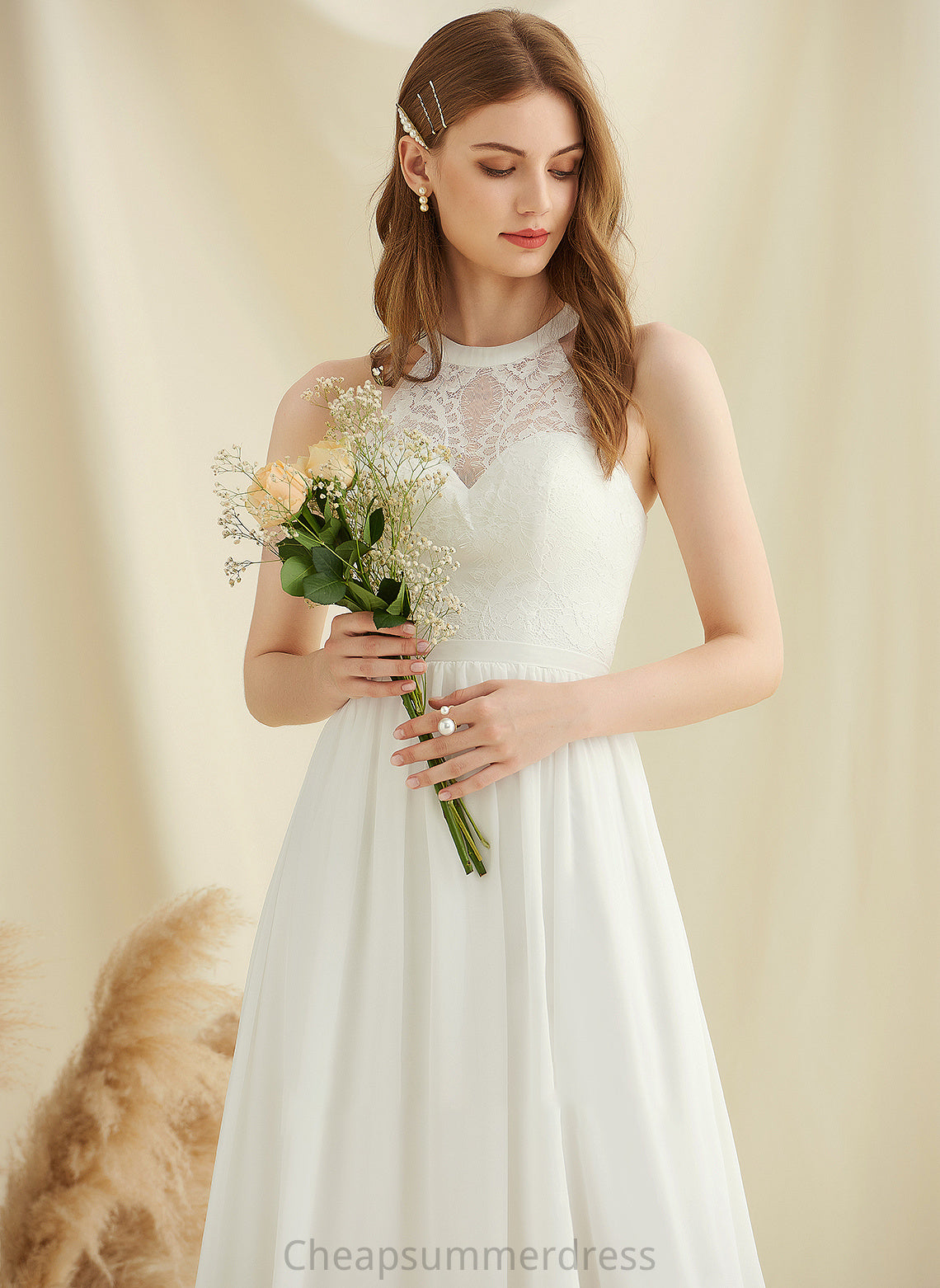 Wedding Wedding Dresses Split Chiffon Dress Scoop Neck Front Lace A-Line With Floor-Length Valeria