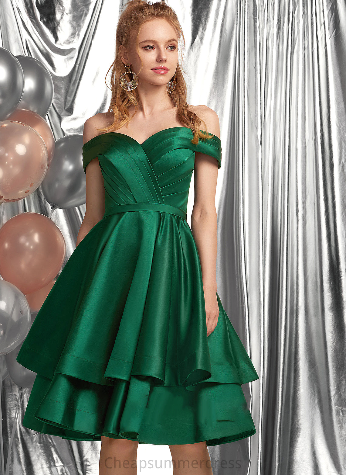 Satin Prom Dresses With Ruffle A-Line Knee-Length Off-the-Shoulder Kendra