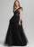 Feather Parker With Floor-Length Tulle Sequins V-neck Ball-Gown/Princess Prom Dresses