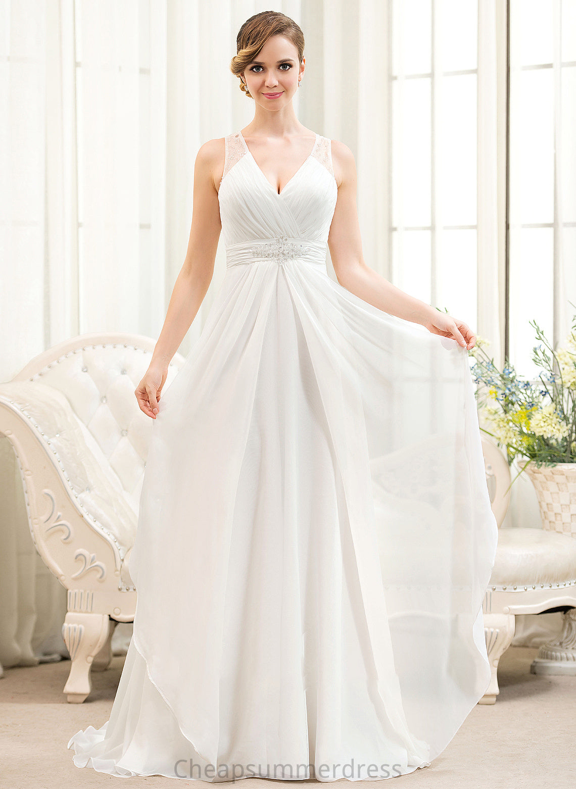 Cascading Sweep Beading V-neck Wedding Dresses Mia Train Dress Wedding Sequins Ruffles With Chiffon A-Line