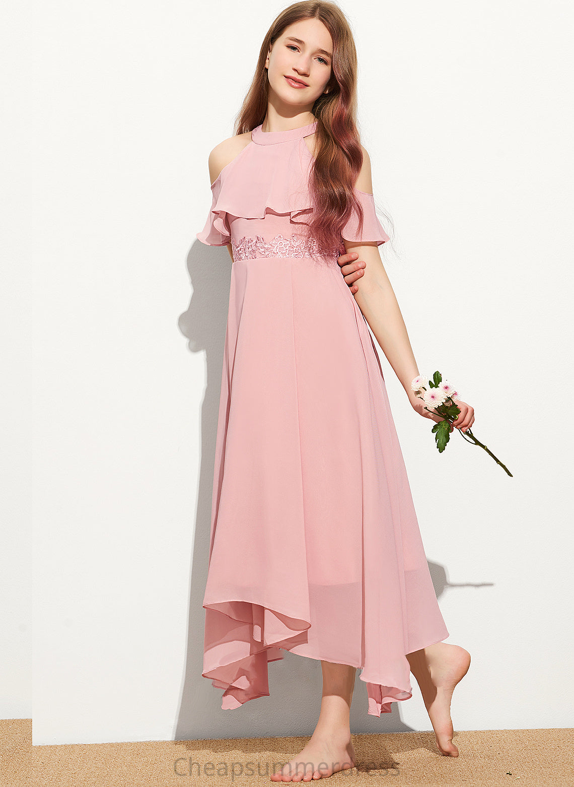 A-Line Scoop Tea-Length Chiffon Lace Junior Bridesmaid Dresses Carleigh Neck