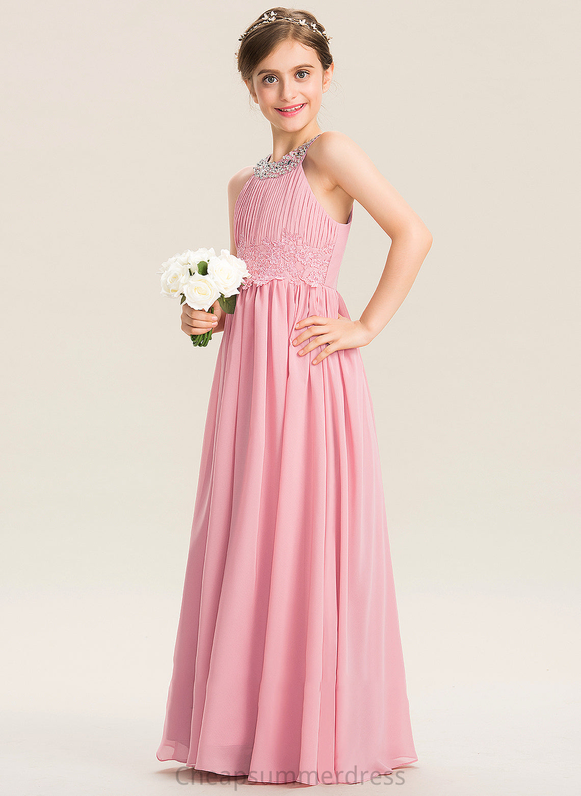 A-Line Scoop Sequins Junior Bridesmaid Dresses Annie Ruffle Beading Chiffon Floor-Length Neck With Lace