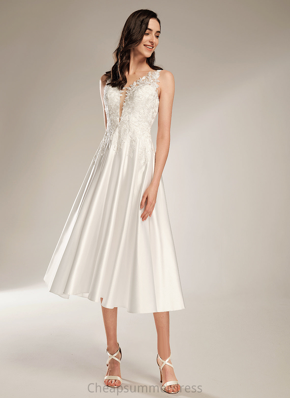 V-neck Pockets Wedding Dresses With Dress Tea-Length A-Line Sariah Wedding