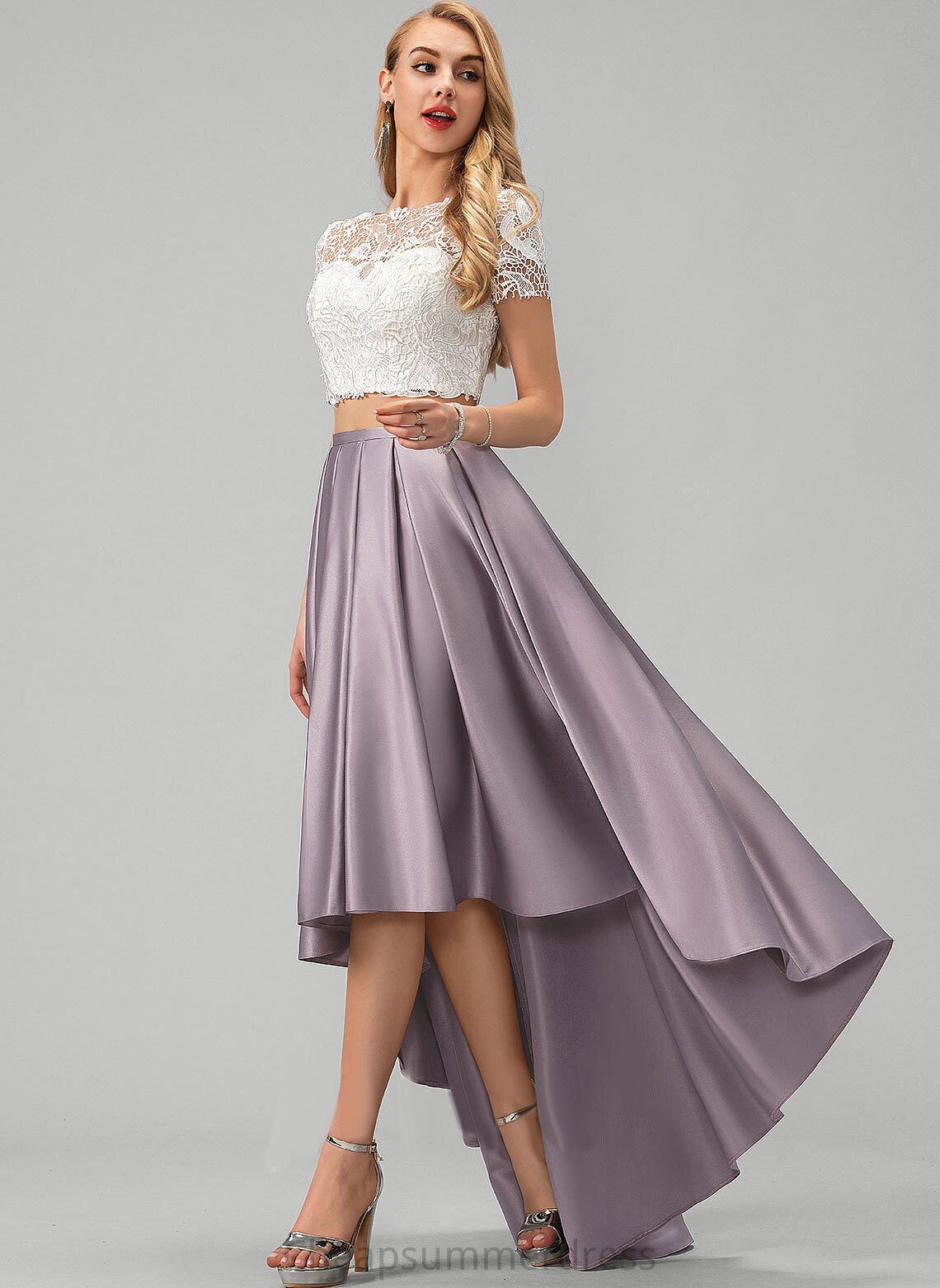 A-Line Asymmetrical Scoop Pockets With Lena Neck Prom Dresses Satin Lace