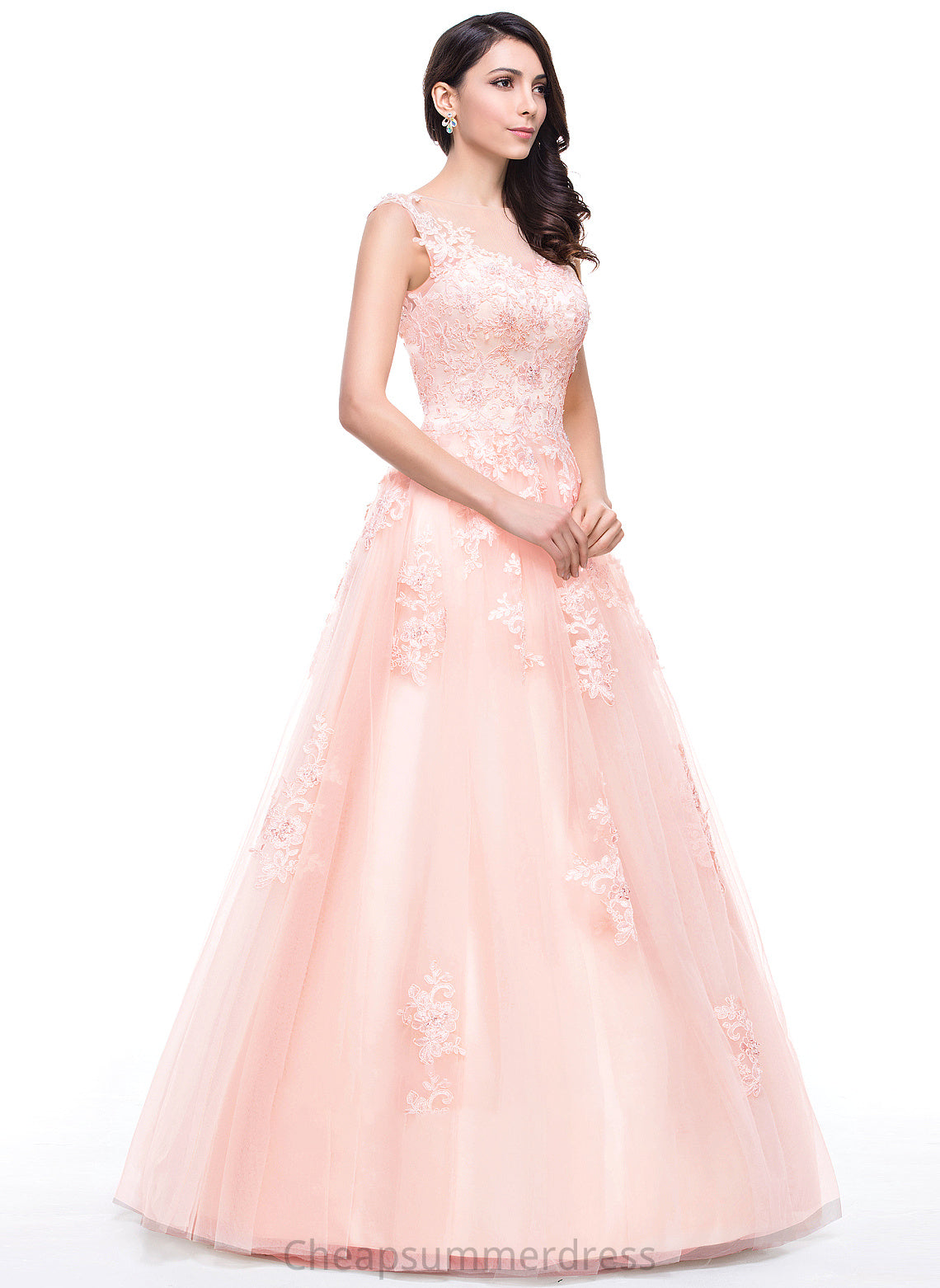 Lace Appliques Prom Dresses Floor-Length With Tulle Ball-Gown/Princess Scoop Beading Sequins Carleigh Neck