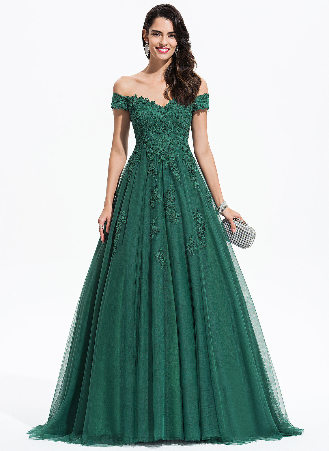 Train Ball-Gown/Princess Prom Dresses V-neck Mia Lace Tulle With Sweep
