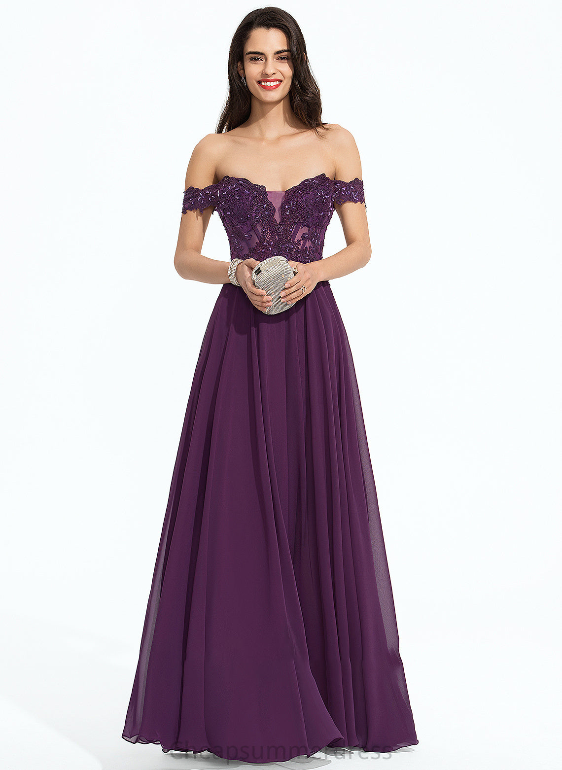 Sequins With Chiffon Chelsea Beading Ball-Gown/Princess Prom Dresses Floor-Length Off-the-Shoulder