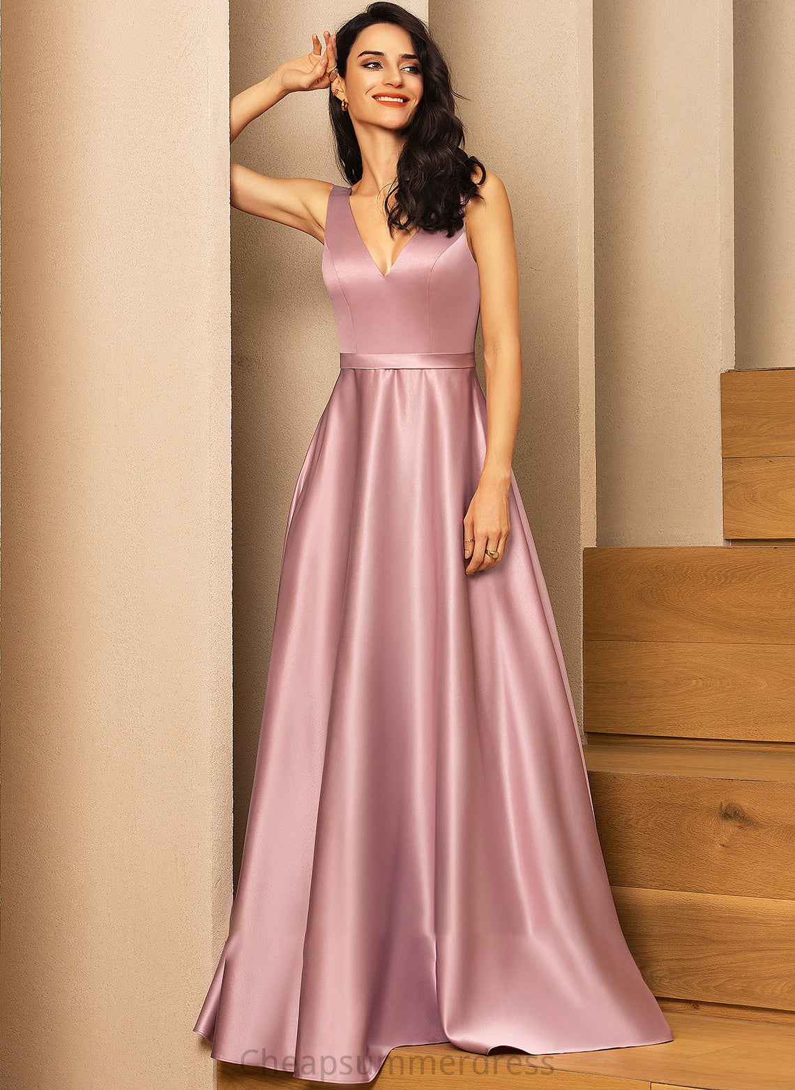 Satin V-neck Ball-Gown/Princess Pockets With Prom Dresses Erica Floor-Length