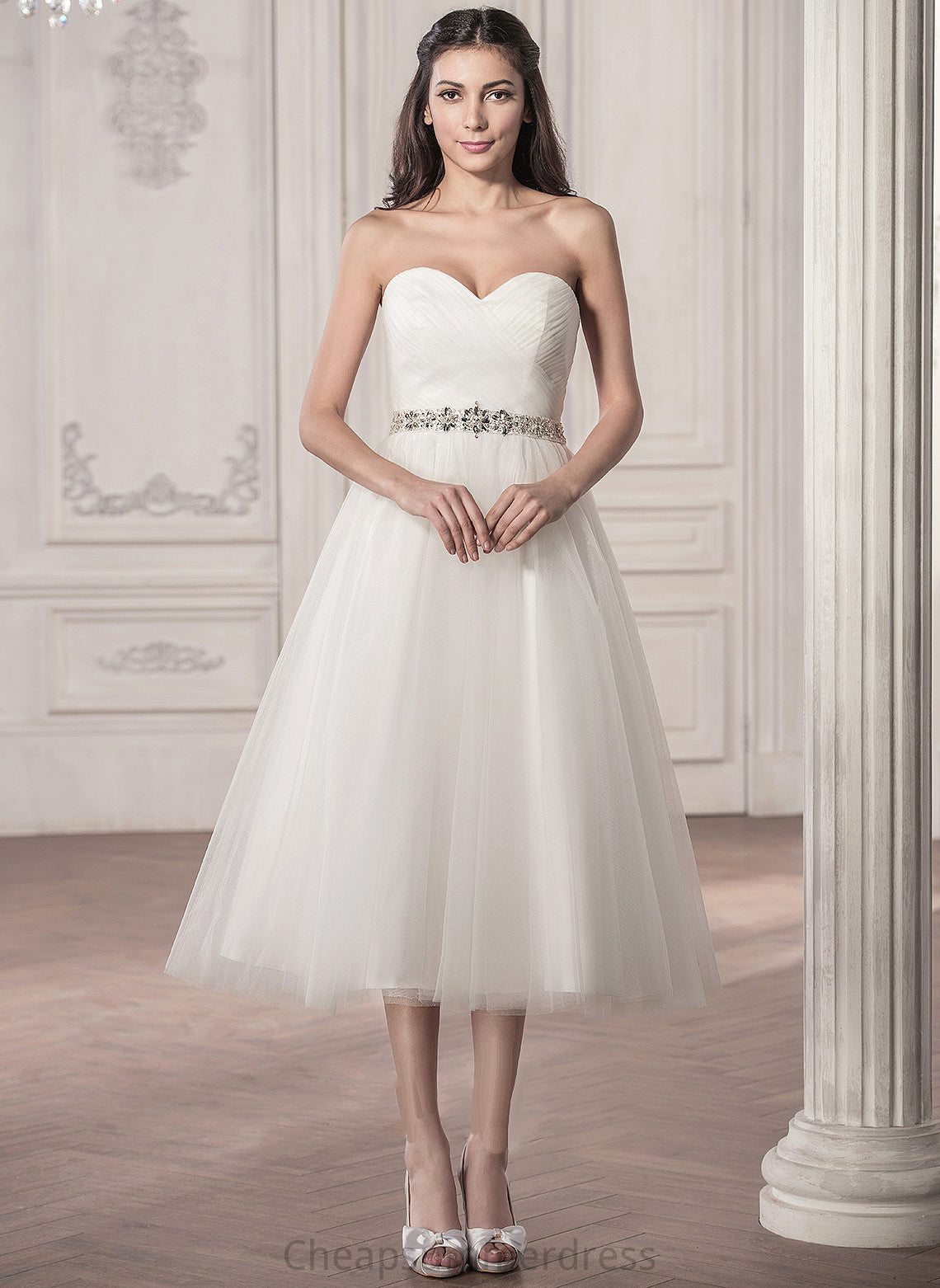 Wedding Tea-Length Wedding Dresses Tulle Sweetheart Sequins Ruffle With Dress Beading Kathryn A-Line