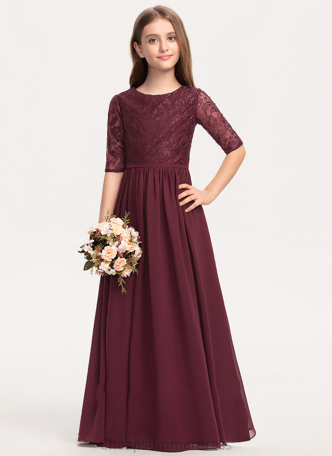 Scoop Chiffon Cora Floor-Length Lace A-Line Neck Junior Bridesmaid Dresses