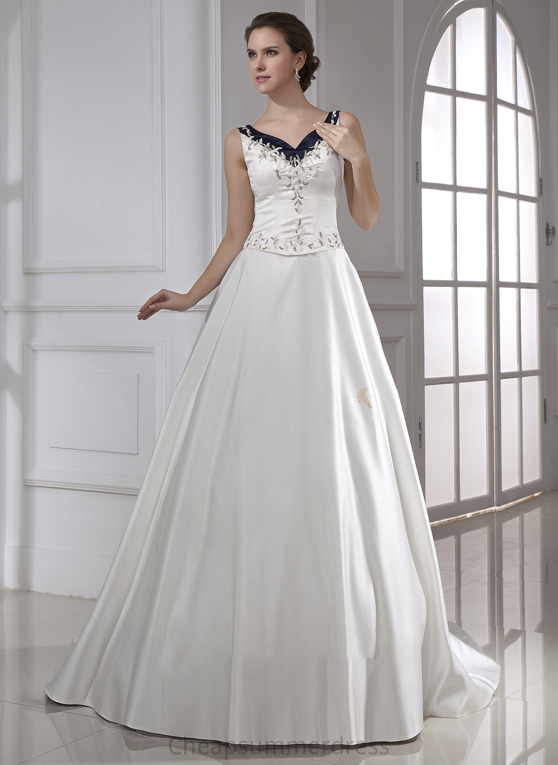 Ball-Gown/Princess Wedding Dresses Train Satin Beading Wedding Sequins Wendy V-neck Embroidered With Chapel Dress
