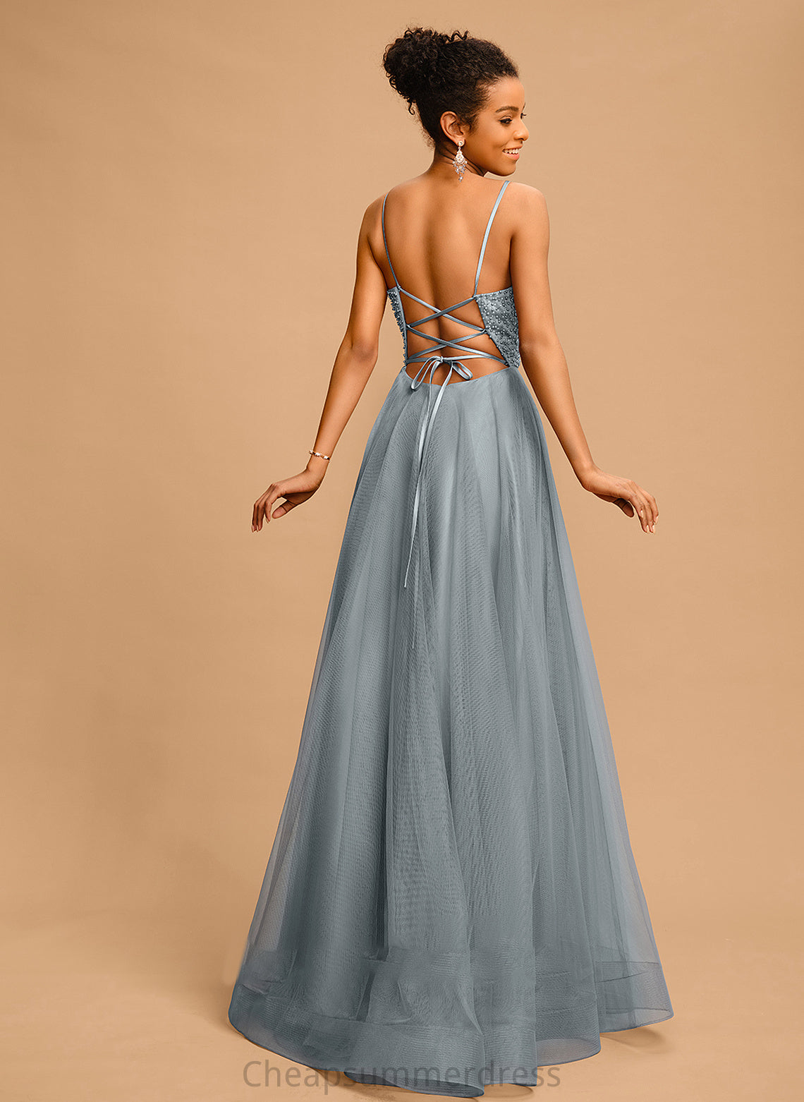 Beading Neckline With Floor-Length Sequins Tulle Prom Dresses Square Ball-Gown/Princess Jazlyn
