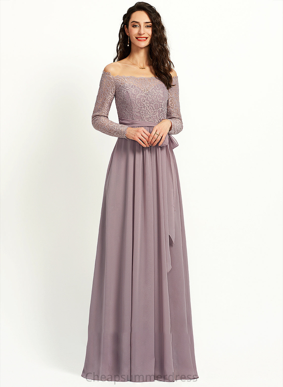 Floor-Length Off-the-Shoulder Length Lace Neckline Fabric A-Line Straps Silhouette Judith A-Line/Princess Sleeveless