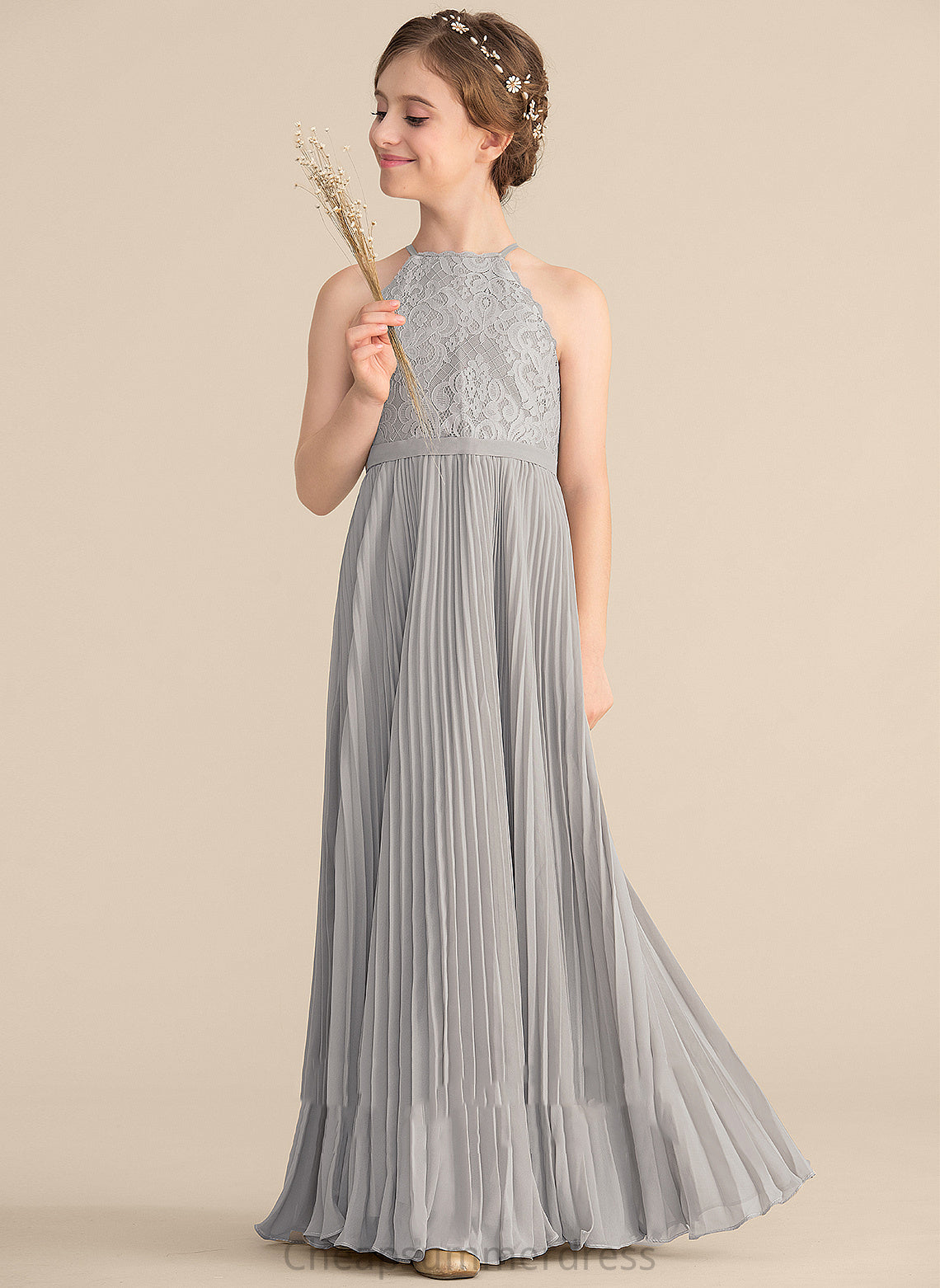 Pleated Lace With A-Line Junior Bridesmaid Dresses Chiffon Neck Anya Scoop Floor-Length
