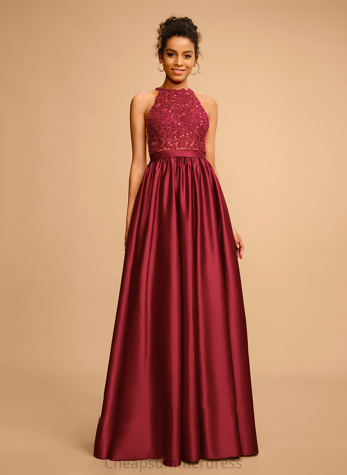 Floor-Length Sequins With Ball-Gown/Princess Satin Halter Lainey Prom Dresses
