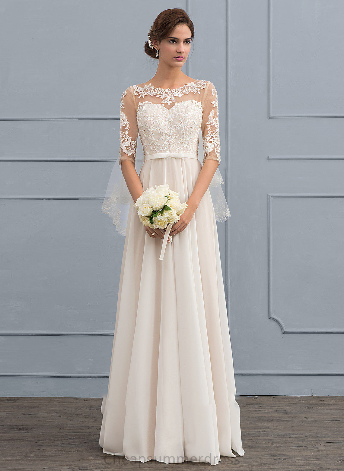 With Illusion Wedding Floor-Length Sequins Bow(s) Beading Dress Wedding Dresses A-Line Kenya Chiffon