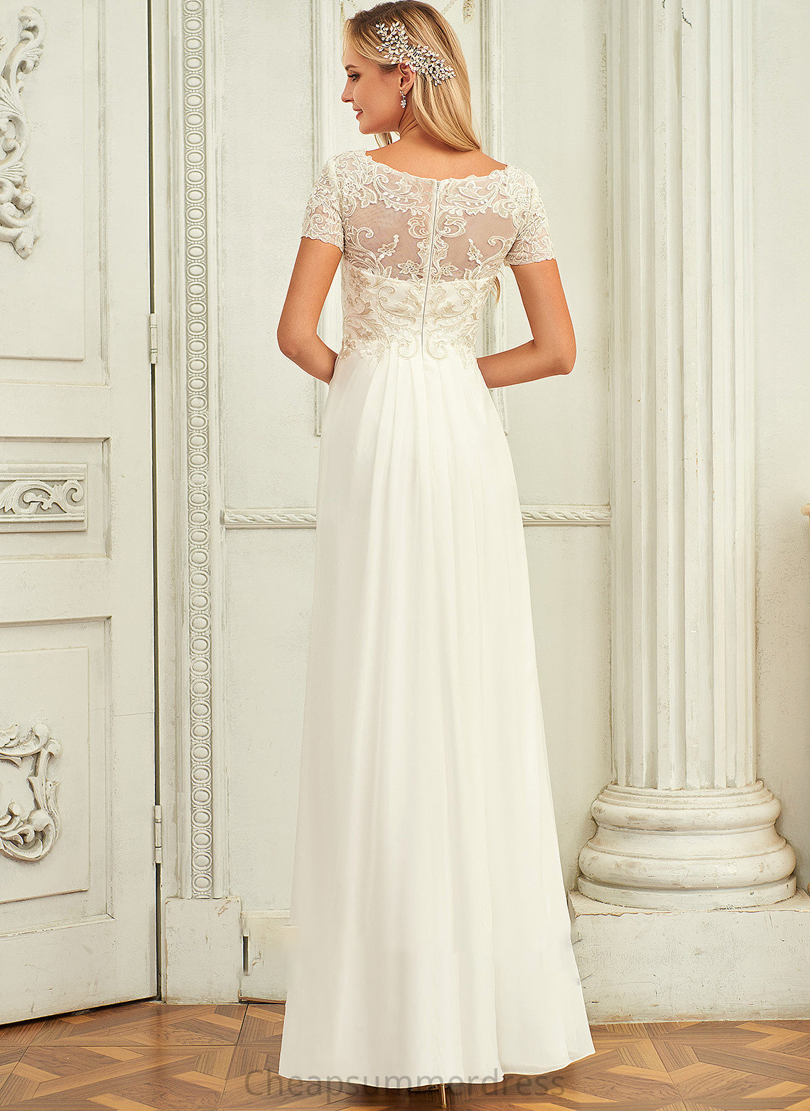A-Line With Wedding V-neck Paris Dress Floor-Length Lace Wedding Dresses Chiffon Lace