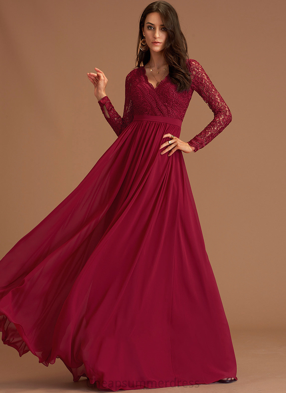 Prom Dresses V-neck Lace With A-Line Chloe Chiffon Floor-Length