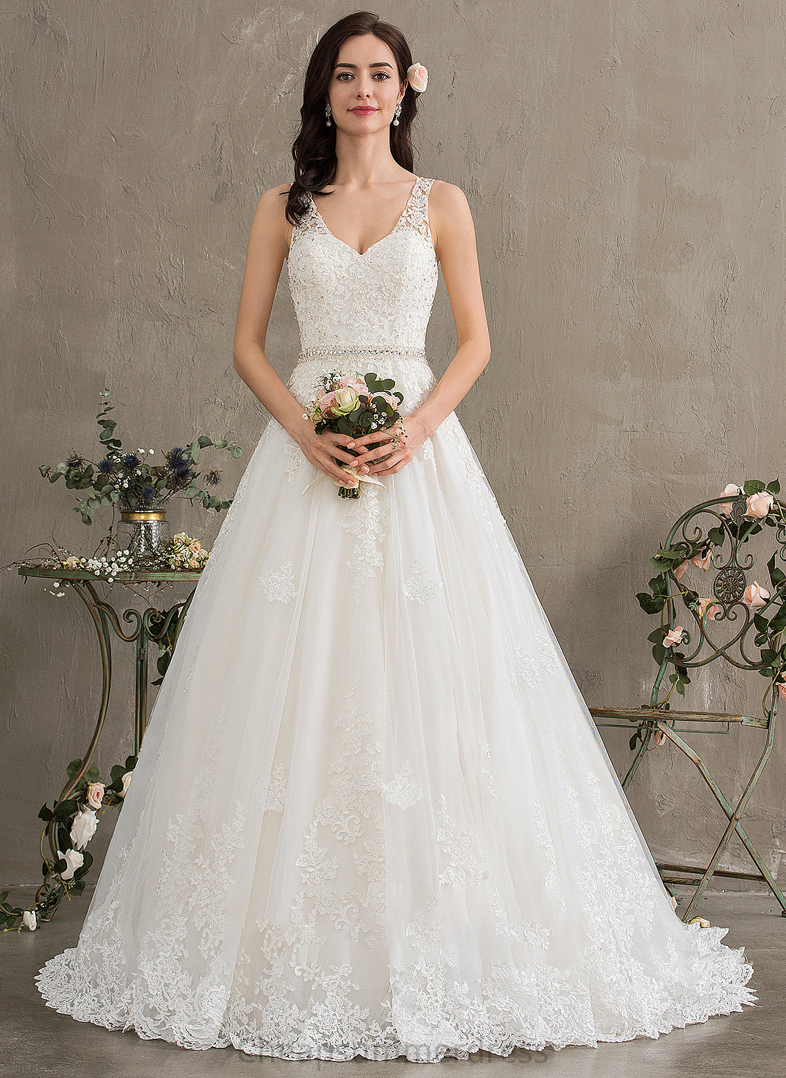 Beading With Wedding Train Dress Court V-neck Rowan Ball-Gown/Princess Tulle Sequins Wedding Dresses