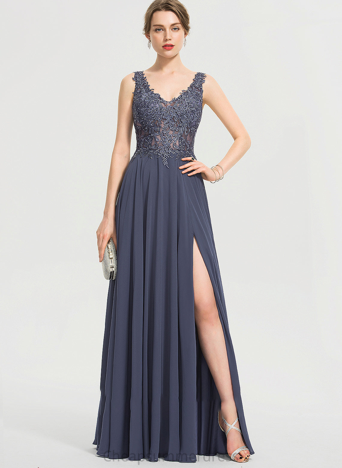 A-Line With Front Split Prom Dresses Beading Floor-Length Naomi Sequins V-neck Chiffon