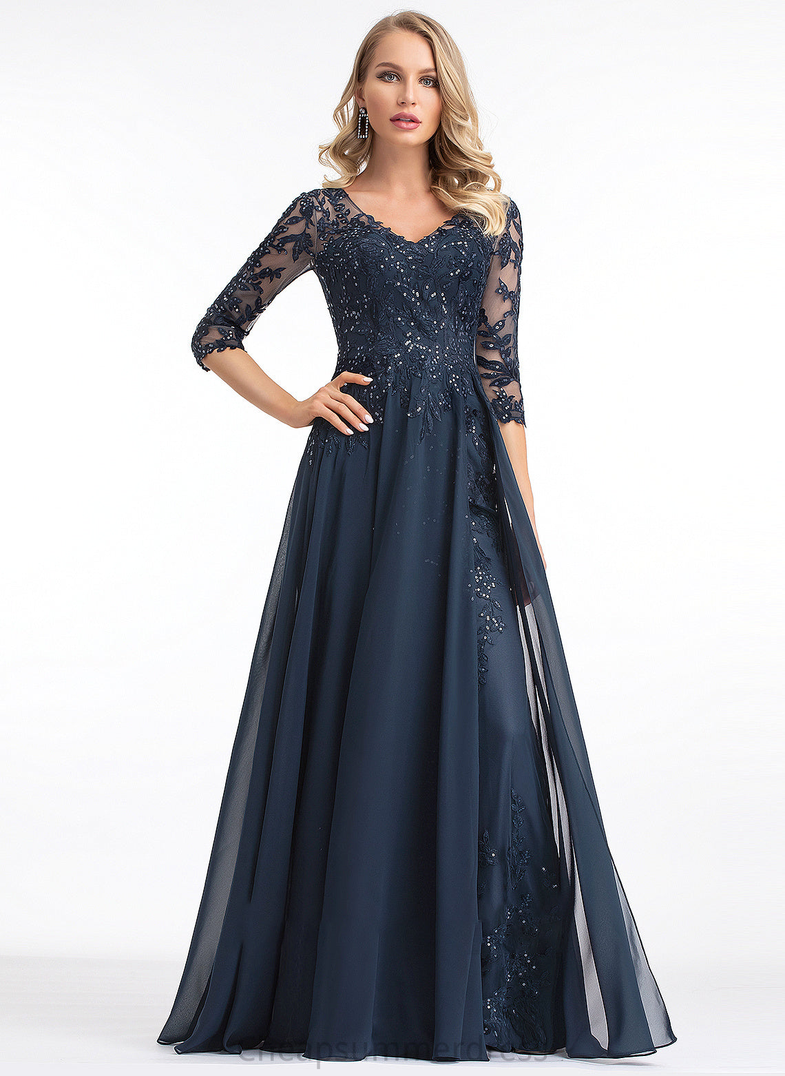 A-Line With Hailey Floor-Length Chiffon V-neck Prom Dresses Sequins