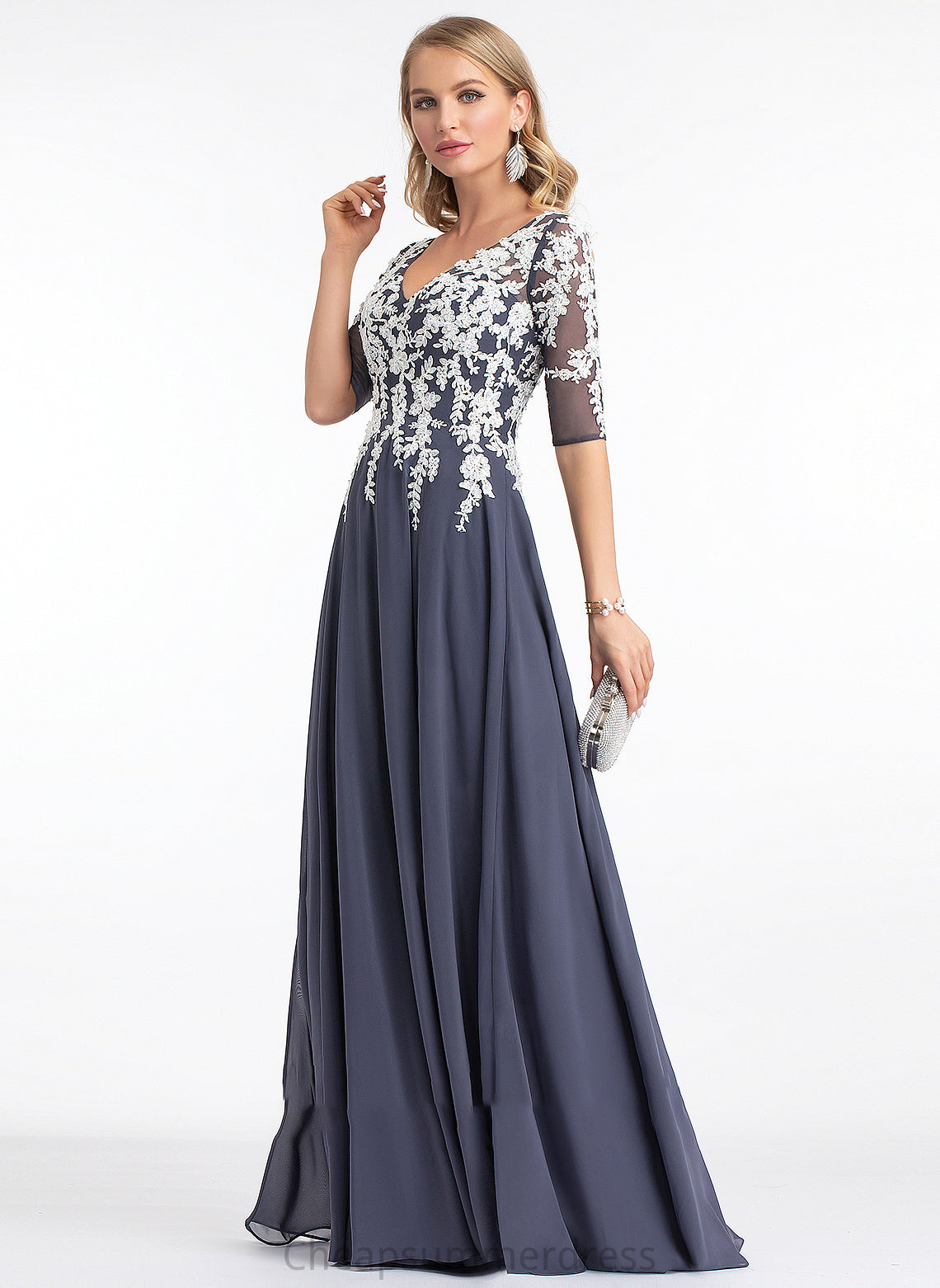 Chiffon A-Line Front With Sequins V-neck Keyla Floor-Length Prom Dresses Split