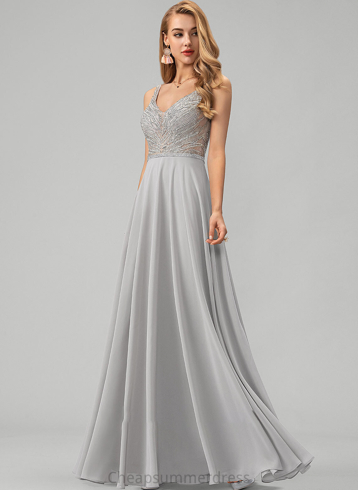 Sequins Ellen V-neck Floor-Length A-Line Chiffon Prom Dresses Beading With