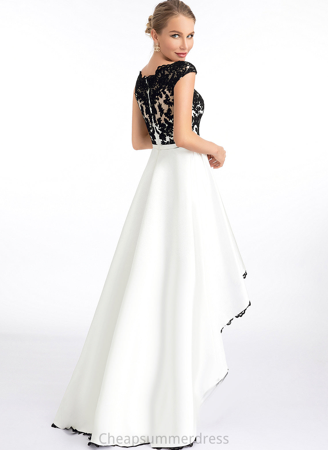 Dress Asymmetrical Scoop Illusion Wedding A-Line Winifred Lace Wedding Dresses Satin