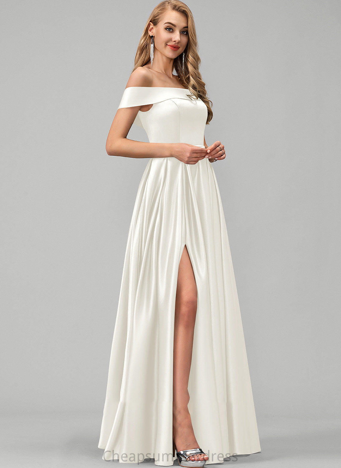 Front Off-the-Shoulder Wedding Wedding Dresses Marilyn Dress Ball-Gown/Princess Satin Floor-Length With Pockets Split
