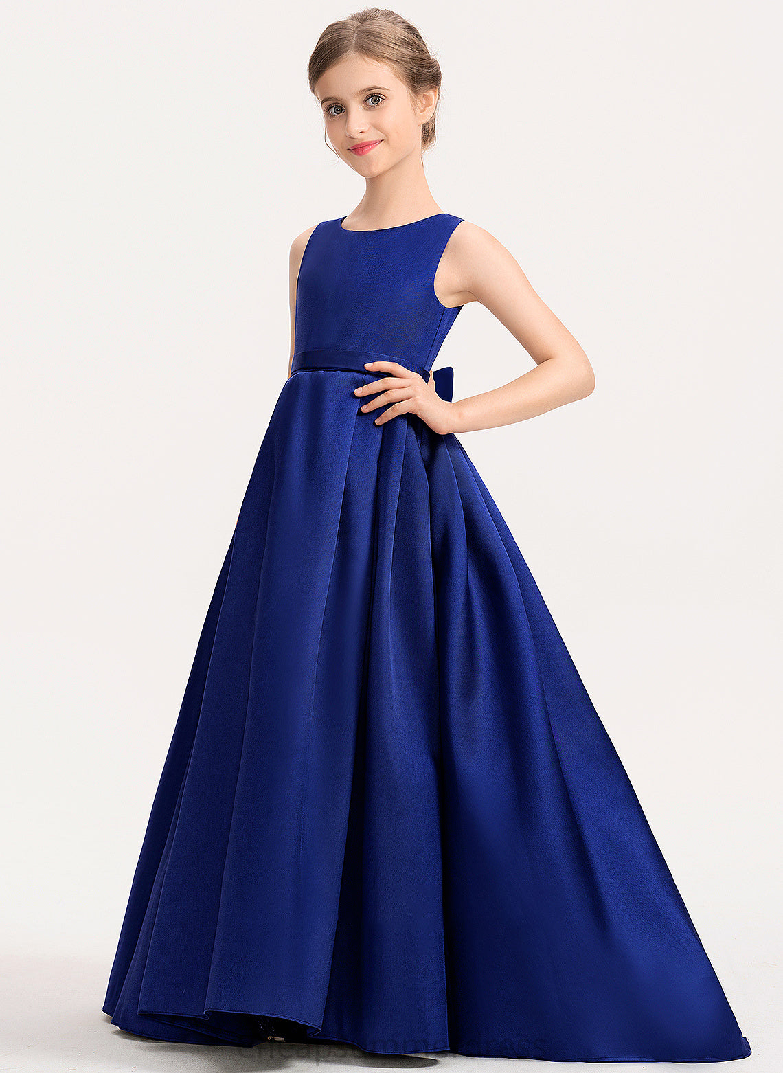 Scoop Train Neck Bow(s) Ball-Gown/Princess Emmalee Satin Junior Bridesmaid Dresses Sweep With