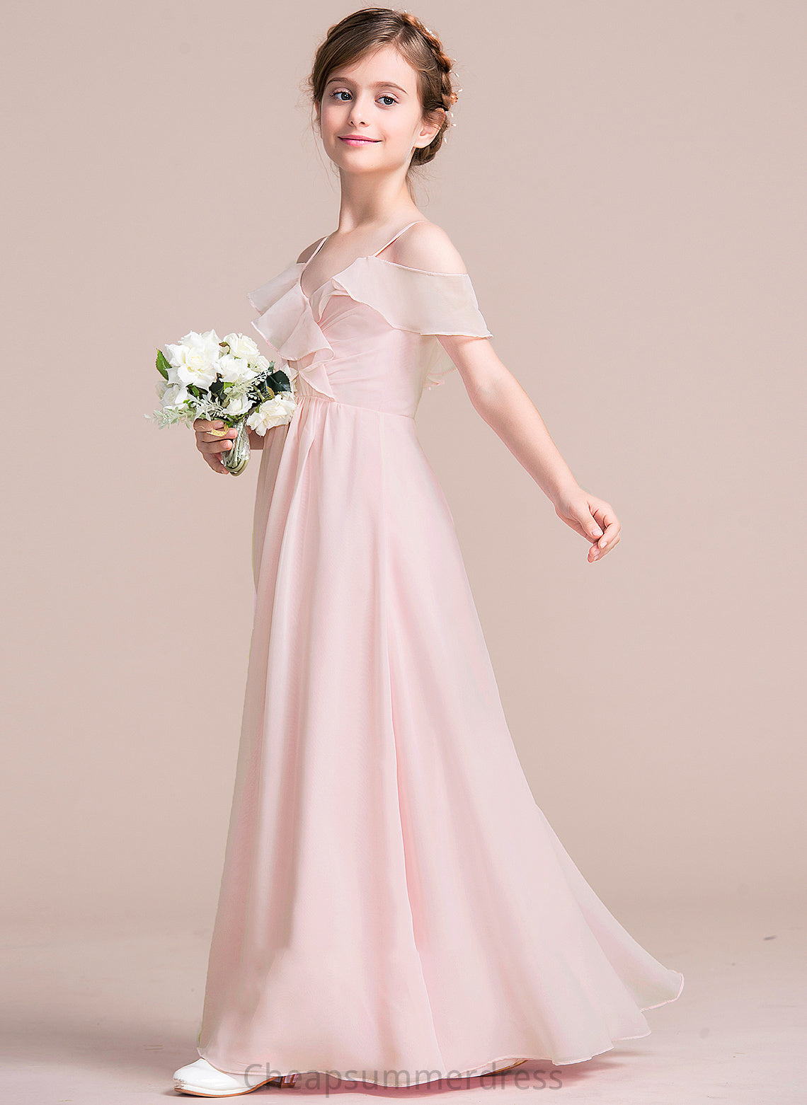 Floor-Length A-Line V-neck Junior Bridesmaid Dresses Cascading With Dayanara Ruffles Chiffon