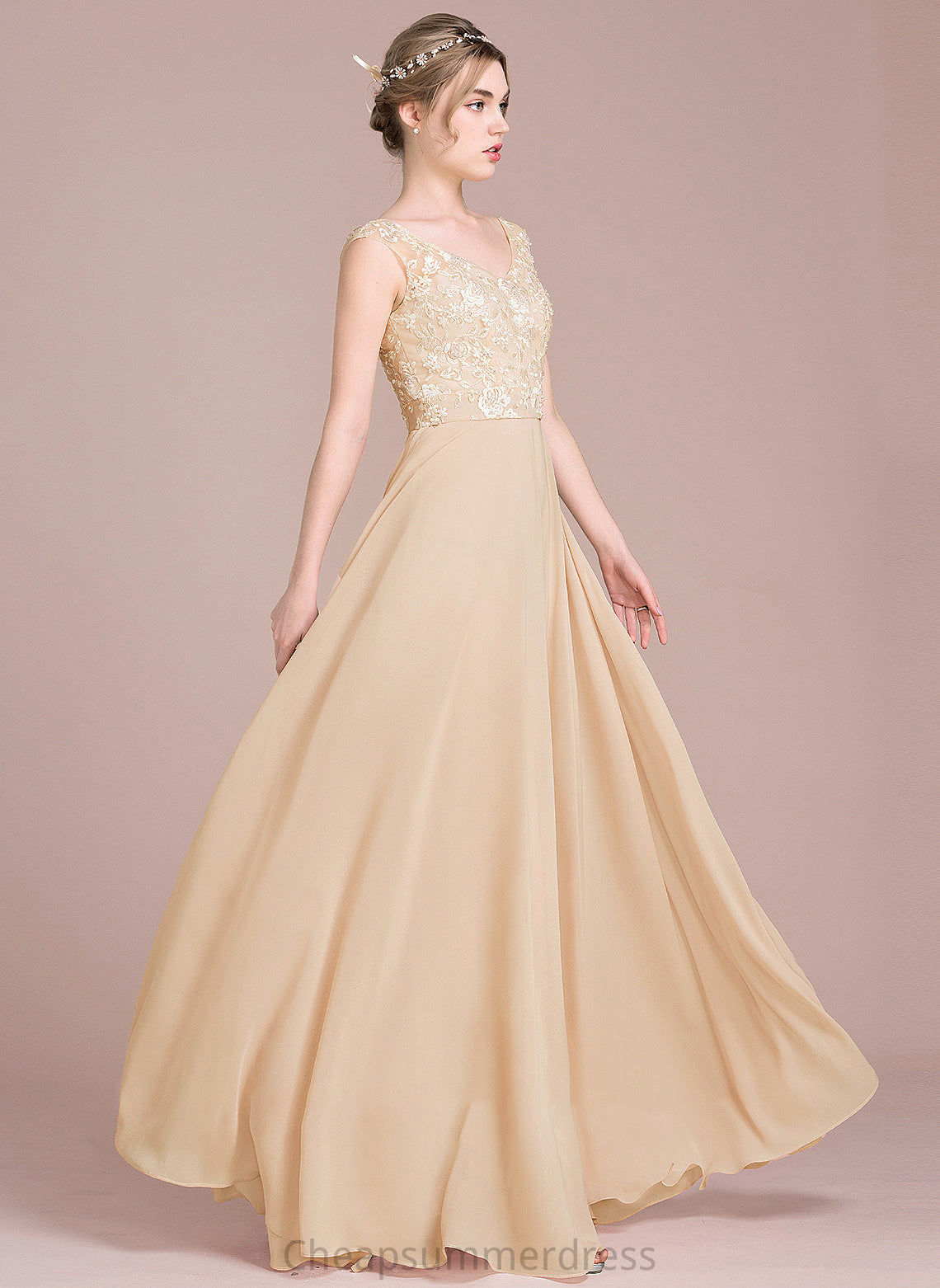 Floor-Length Chiffon A-Line Prom Dresses V-neck Maia Lace