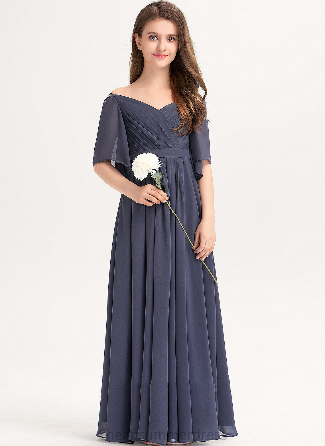 Floor-Length Bow(s) Vanessa Chiffon Ruffle Junior Bridesmaid Dresses A-Line With Off-the-Shoulder