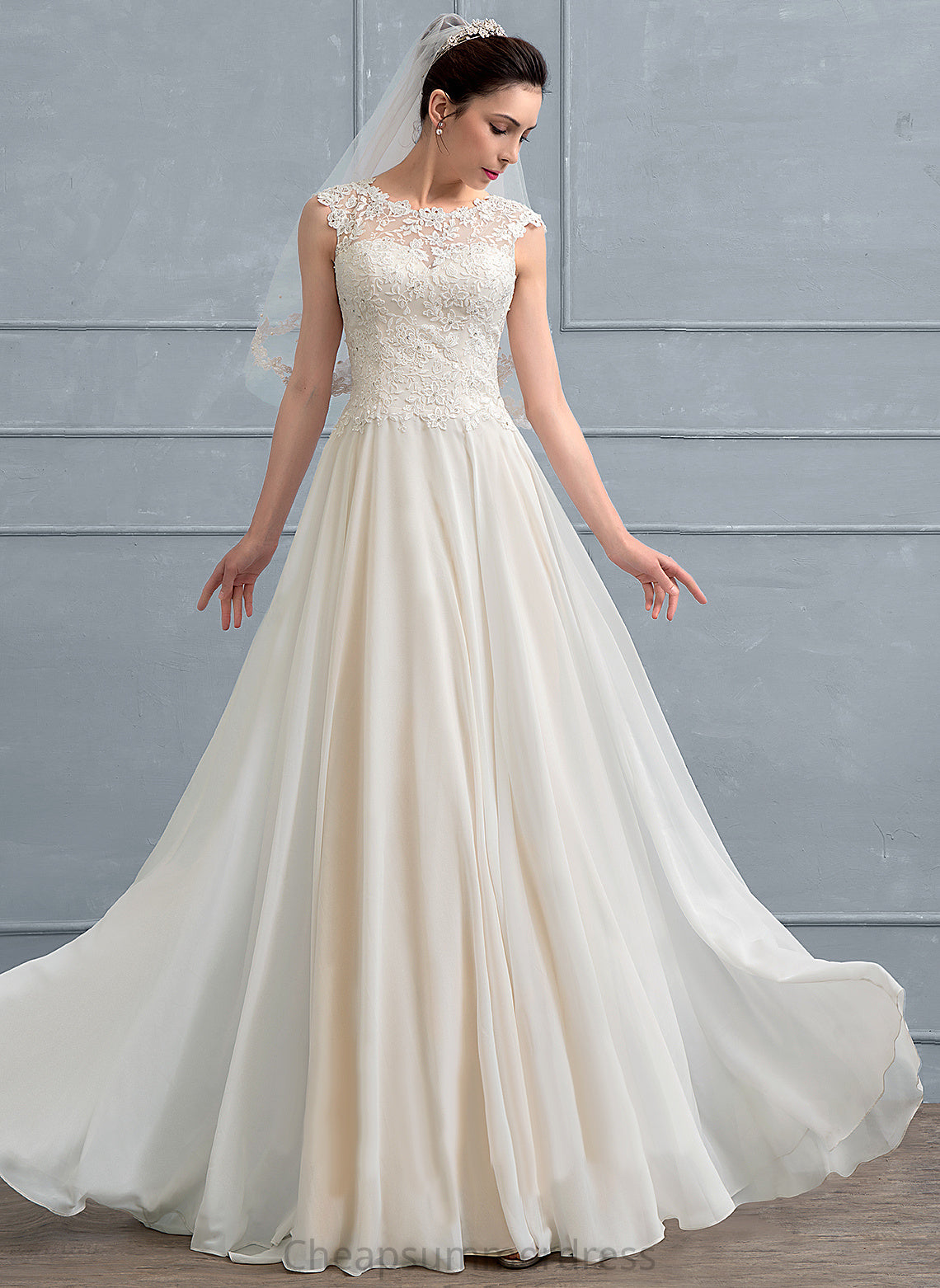 A-Line Sequins Bria Beading Dress Chiffon Lace Floor-Length With Scoop Wedding Dresses Wedding