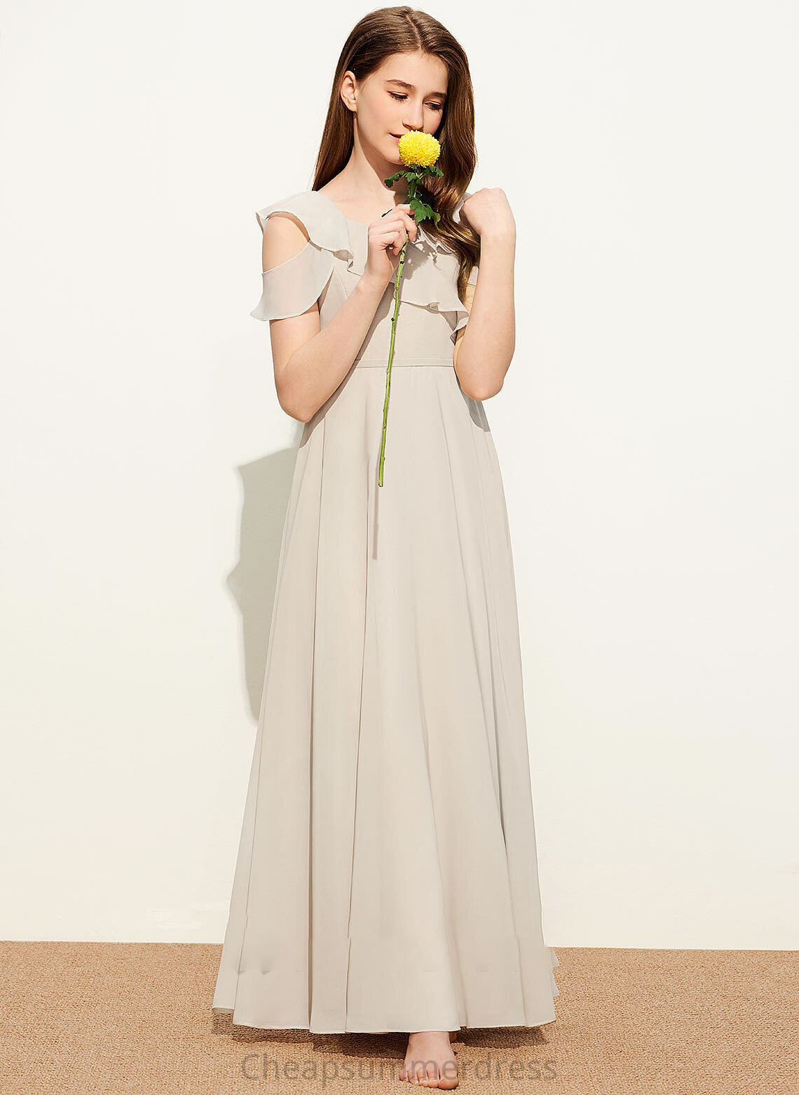 Eden Chiffon V-neck Junior Bridesmaid Dresses Ruffles With A-Line Floor-Length Cascading