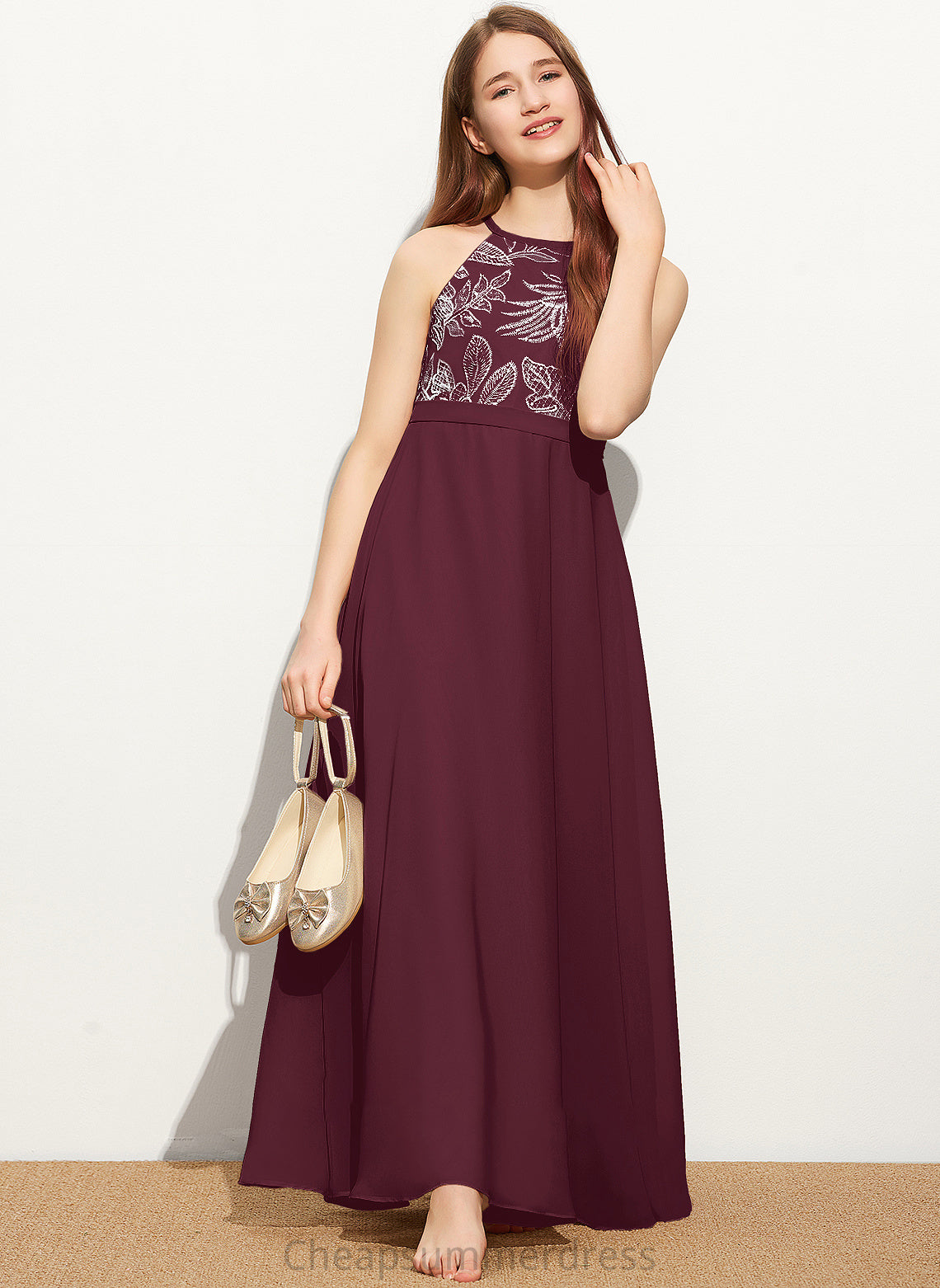 Chiffon Lace A-Line Neck Bow(s) Floor-Length Payten Scoop With Junior Bridesmaid Dresses