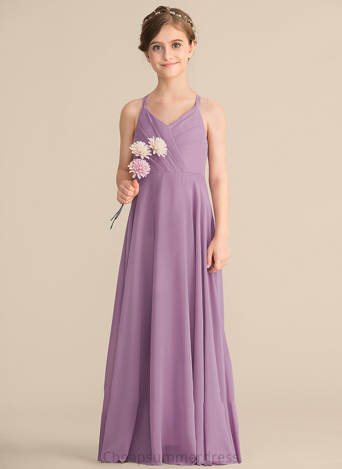 Clare Chiffon Cascading V-neck Floor-Length A-Line With Ruffles Junior Bridesmaid Dresses
