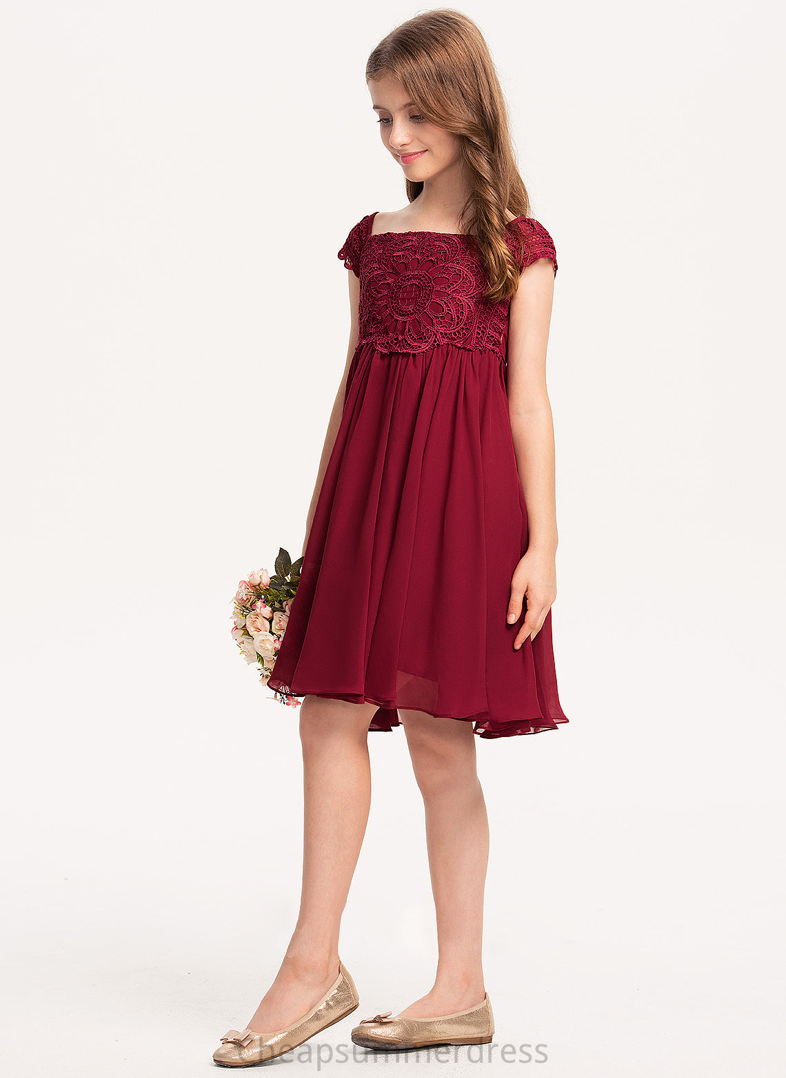 Bow(s) Courtney Knee-Length Chiffon Junior Bridesmaid Dresses Lace Off-the-Shoulder A-Line With