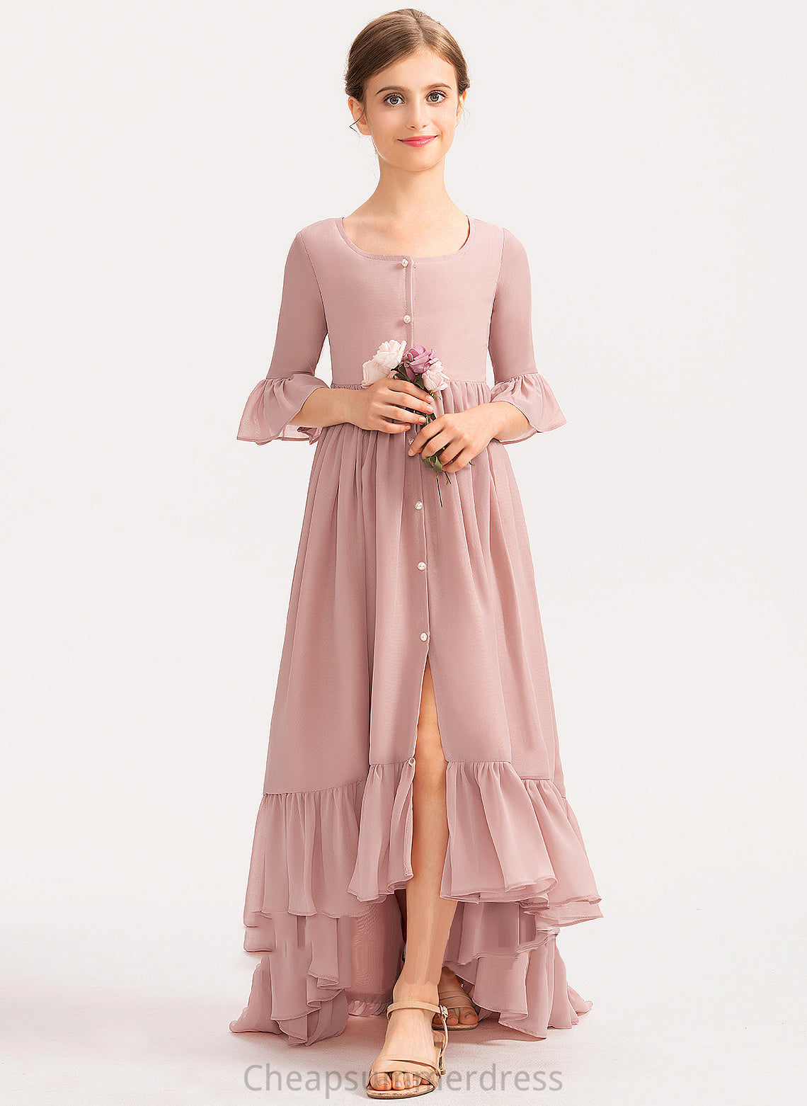 With Chiffon Ruffles A-Line Bow(s) Asymmetrical Phoebe Junior Bridesmaid Dresses Scoop Neck Cascading