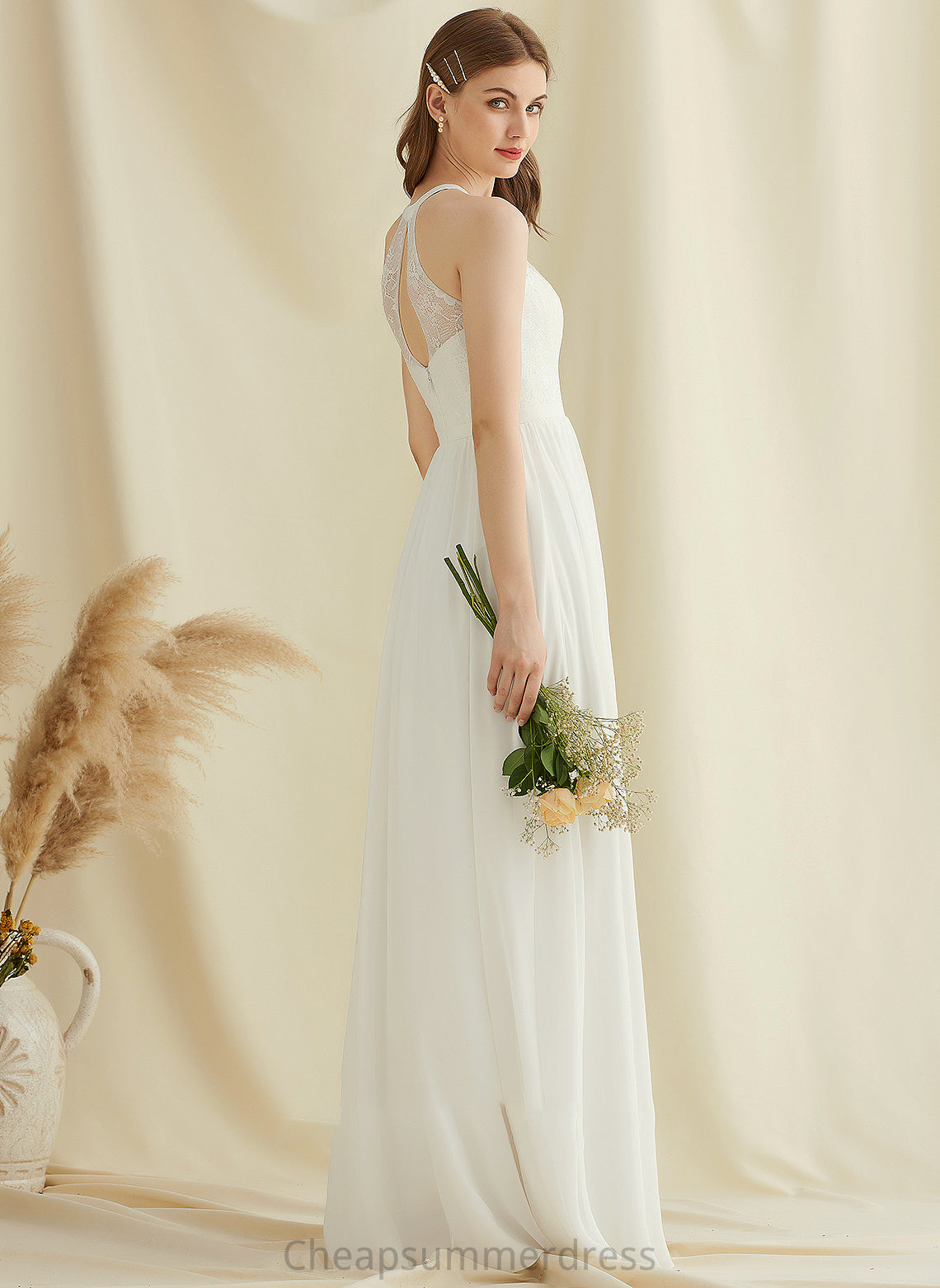 Wedding Wedding Dresses Split Chiffon Dress Scoop Neck Front Lace A-Line With Floor-Length Valeria